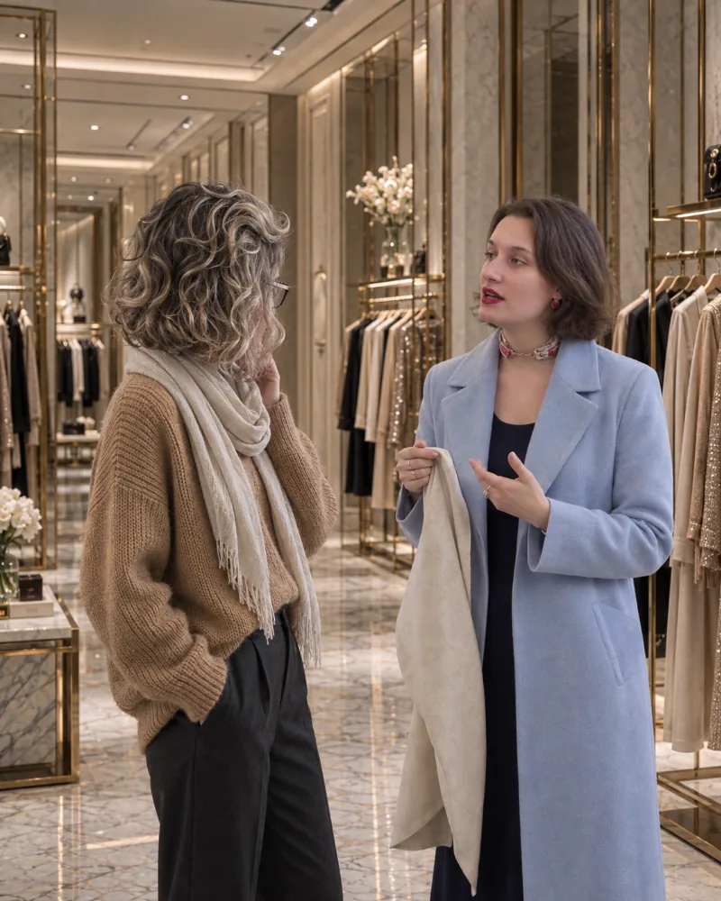 Anna Matteucci advising a client on a coat and scarf